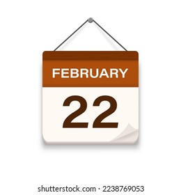 February 22, Calendar icon with shadow. Day, month. Meeting appointment time. Event schedule date. Flat vector illustration. 