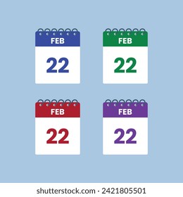 February 22 calendar reminder. 22nd February  Date Month calendar icon design template.