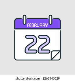 February 22.Calendar icon.Vector illustration,flat style.Date,day of month:Sunday,Monday,Tuesday,Wednesday,Thursday,Friday,Saturday.Weekend,red letter day.Calendar for 2019 year.Holidays in January