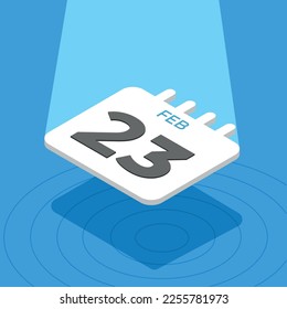 February 23 - 3D calendar floating with spotlight on blue background
