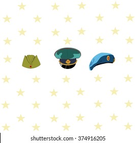 February 23. The logo for the celebration of the military. Traditional Day of Defenders of the Fatherland. Soldiers hats. Blue Beret cap and forage 