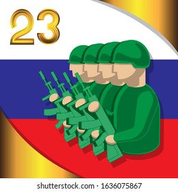 February 23 Russian soldiers with a machine gun on an isolated background of the Russian flag. Vector image eps 10