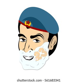 February 23. Soldier shave. Shaving foam on his face. Military holiday in Russia.