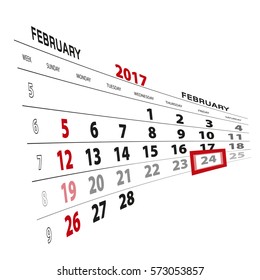 February 24, highlighted on 2017 calendar. Vector Illustration.