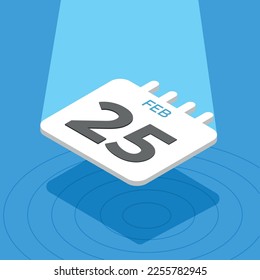 25 de febrero - calendario 3D flotando con foco en fondo azul