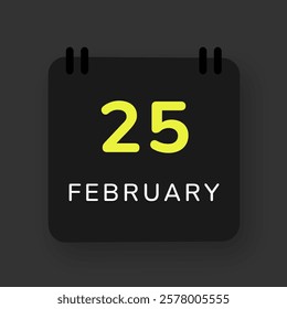 February 25 - Black Calendar Icon - Vector Illustration