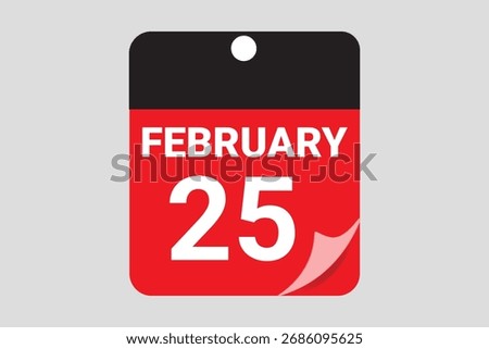 February 25 calendar date vector icon on red background