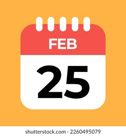 25 de febrero. Día veinticinco. Plantilla de calendario rojo con fondo naranja.