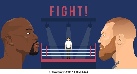 February 26, 2017: vector illustration of Conor McGregor - an Irish professional MMA fighter and Floyd Mayweather Jr. - an american professional boxer and boxing promoter on boxing ring background.