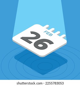 26 de febrero - calendario 3D flotando con foco en fondo azul