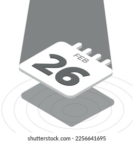 26 de febrero - Calendario 3D blanco y negro flotando con foco en fondo blanco