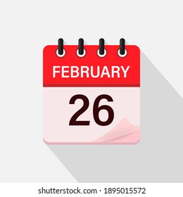 February 26, Calendar icon with shadow. Day, month. Flat vector illustration.