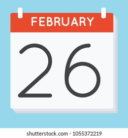 February 26. Calendar icon. Vector illustration in flat design isolated in blue background. Date and time, day, month.