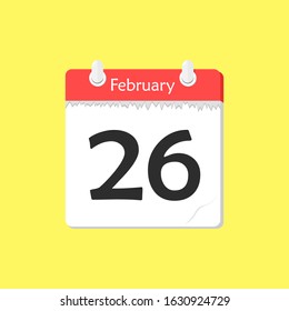 February 26 - Calendar Icon - Vector Illustration on a Yellow Background Design.