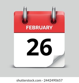 26 de febrero diario realista calendario rojo icono fecha vector imagen