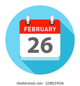 February 26 Date on a Single Day Calendar in Flat Style with long flat shadow on a blue background