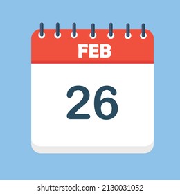 February 26. Round calendar Icon with long shadow in a Flat Design style.  Vector Illustration. Easy to edit, manipulate, resize or colorize.