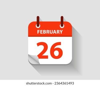 26 de febrero. Icono de calendario diario plano vectorial. Fecha y hora, día, mes. Año. Ilustración del vector