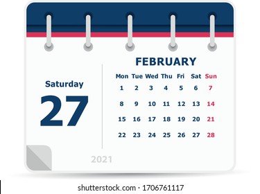 February 27 - Calendar Icon - 2021 - Week starts monday. Calendar design template. 