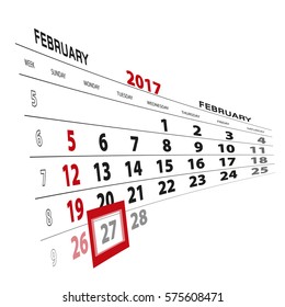 February 27, highlighted on 2017 calendar. Vector Illustration.