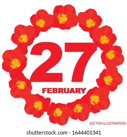 Icono del 27 de febrero. Para planificar un día importante. Cartel para vacaciones y días especiales con flores. Icono del veintisiete de febrero. Ilustración vectorial.