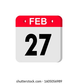 february 27 - Red calendar Icon. Calendar Icon with shadow. Flat style. Date, day and month. Reminder. Vector illustration. Organizer application, app symbol. Ui. User interface sign.