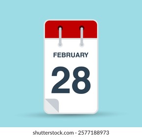 February 28 calendar icon isolated on background. February vector for day of week and month in red. Calendar design vector template. Vertical orientation.