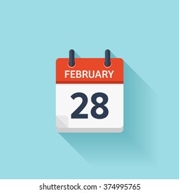 February 28. Calendar icon.Vector illustration,flat style.Date,day of month:Sunday,Monday,Tuesday,Wednesday,Thursday,Friday,Saturday.Weekend,red letter day.Calendar for 2017 year.Holidays in February.
