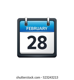 February 28. Calendar icon.Vector illustration,flat style.Month and date.Sunday,Monday,Tuesday,Wednesday,Thursday,Friday,Saturday.Week,weekend,red letter day. 2017,2018 year.Holidays.