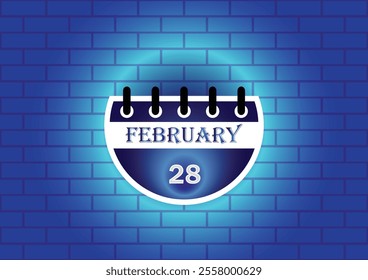 February 28 calendar sign on blue neon brick wall background. Flat design style. Date, day and month. Vector illustration.