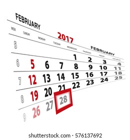 February 28, highlighted on 2017 calendar. Vector Illustration.