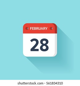 February 28. Isometric Calendar Icon With Shadow.Vector Illustration,Flat Style.Month and Date.Sunday,Monday,Tuesday,Wednesday,Thursday,Friday,Saturday.Week,Weekend,Red Letter Day. Holidays 2017.