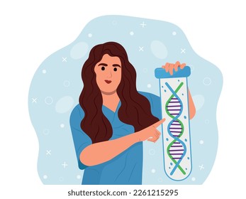 February 28 - Rare Disease Day. Young smiling female doctor researching DNA of rare diseases.