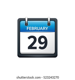 February 29. Calendar icon.Vector illustration,flat style.Month and date.Sunday,Monday,Tuesday,Wednesday,Thursday,Friday,Saturday.Week,weekend,red letter day. 2017,2018 year.Holidays.