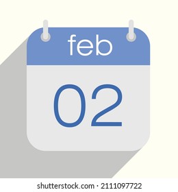 February 2nd calendar vector illustration. February second. Blue and gray colors. Drop shadow. Flat design style.