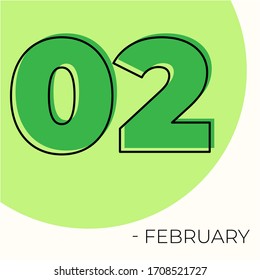February 2nd Modern calendar isolated on white background. Vector illustration. Green colors 