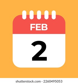 2 de febrero. Día dos. Plantilla de calendario rojo con fondo naranja.