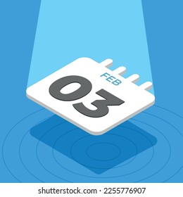 February 3 - 3D calendar floating with spotlight on blue background
