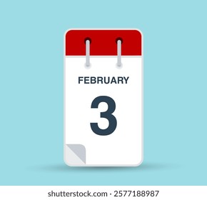 February 3 calendar icon isolated on background. February vector for day of week and month in red.. Calendar design vector template. Vertical orientation.
