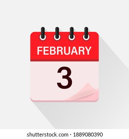 February 3, Calendar icon with shadow. Day, month. Flat vector illustration.