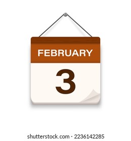 February 3, Calendar icon with shadow. Day, month. Meeting appointment time. Event schedule date. Flat vector illustration. 