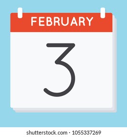 February 3. Calendar icon. Vector illustration in flat design isolated in blue background. Date and time, day, month.