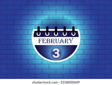 February 3 calendar sign on blue neon brick wall background. Flat design style. Date, day and month. Vector illustration.