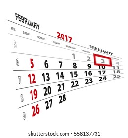 February 3, highlighted on 2017 calendar. Vector Illustration.