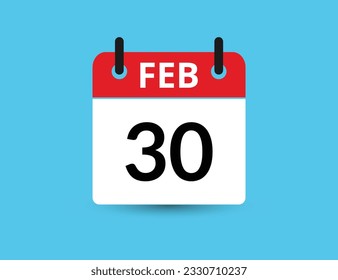 30. Februar. Flacher Icon-Kalender einzeln auf blauem Hintergrund. Datum und Monat, Vektorgrafik