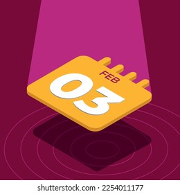 February 3rd - Yellow 3D calendar floating with spotlight