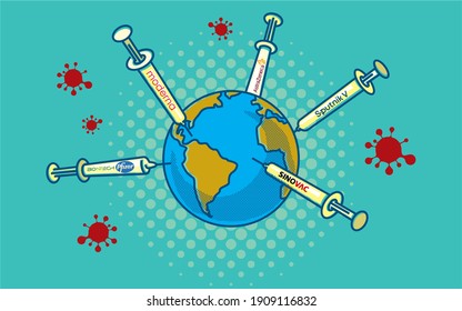 February 4, 2021: World Vaccination Vector Banner. COVID-19 Vaccine Syringes Are Injected Around The World. Covid Vaccine Manufacturers: Biontech, Pfizer, Moderna, AstraZeneca, Sputnik V, Sinovac.