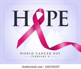 February 4, World Cancer Day. Creative greeting card, ribbon banner, template.