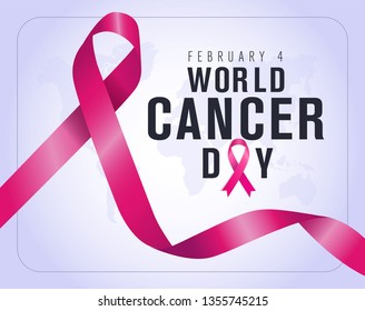 February 4, World Cancer Day. Creative greeting card, ribbon banner, template.
