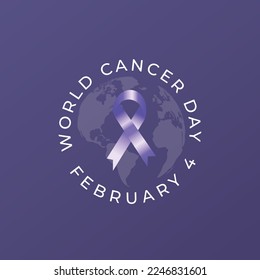 4 de febrero Día Mundial del Cáncer. Una cinta morada y el mundo. Salud y concepto médico. Ilustración vectorial.